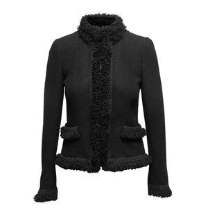 2003 CHANEL 03C Black Tweed Wool Fringed Blazer Jacket Floral Buttons FR-34/36